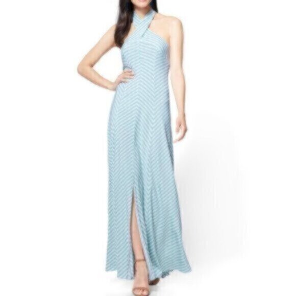 NWT New York & Company Sea Green & White Striped Halter Maxi Dress - Picture 1 of 16